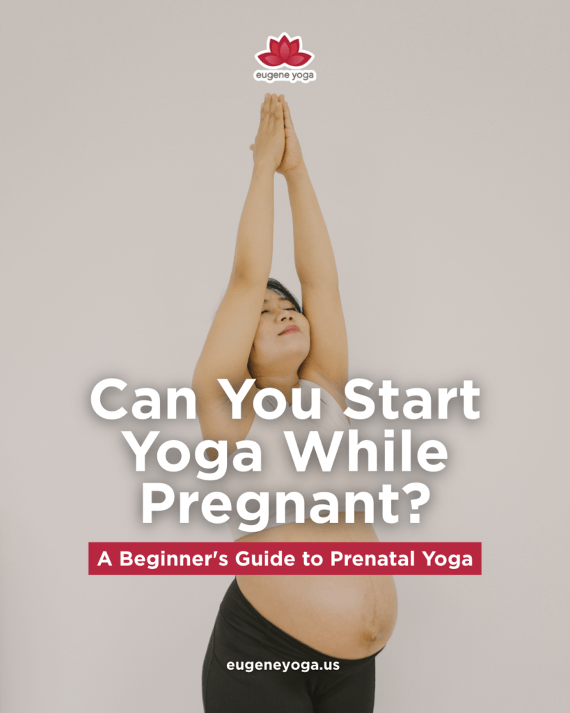 Expecting parent practicing prenatal yoga with supportive modifications in a yoga studio.